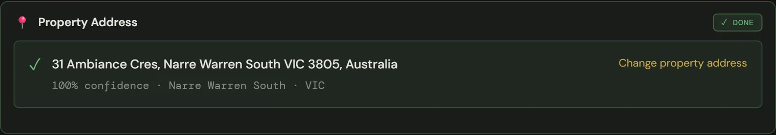 Site Intelligence address card showing the confirmed property address “31 Ambiance Cres, Narre Warren South VIC 3805, Australia” at 100% confidence.