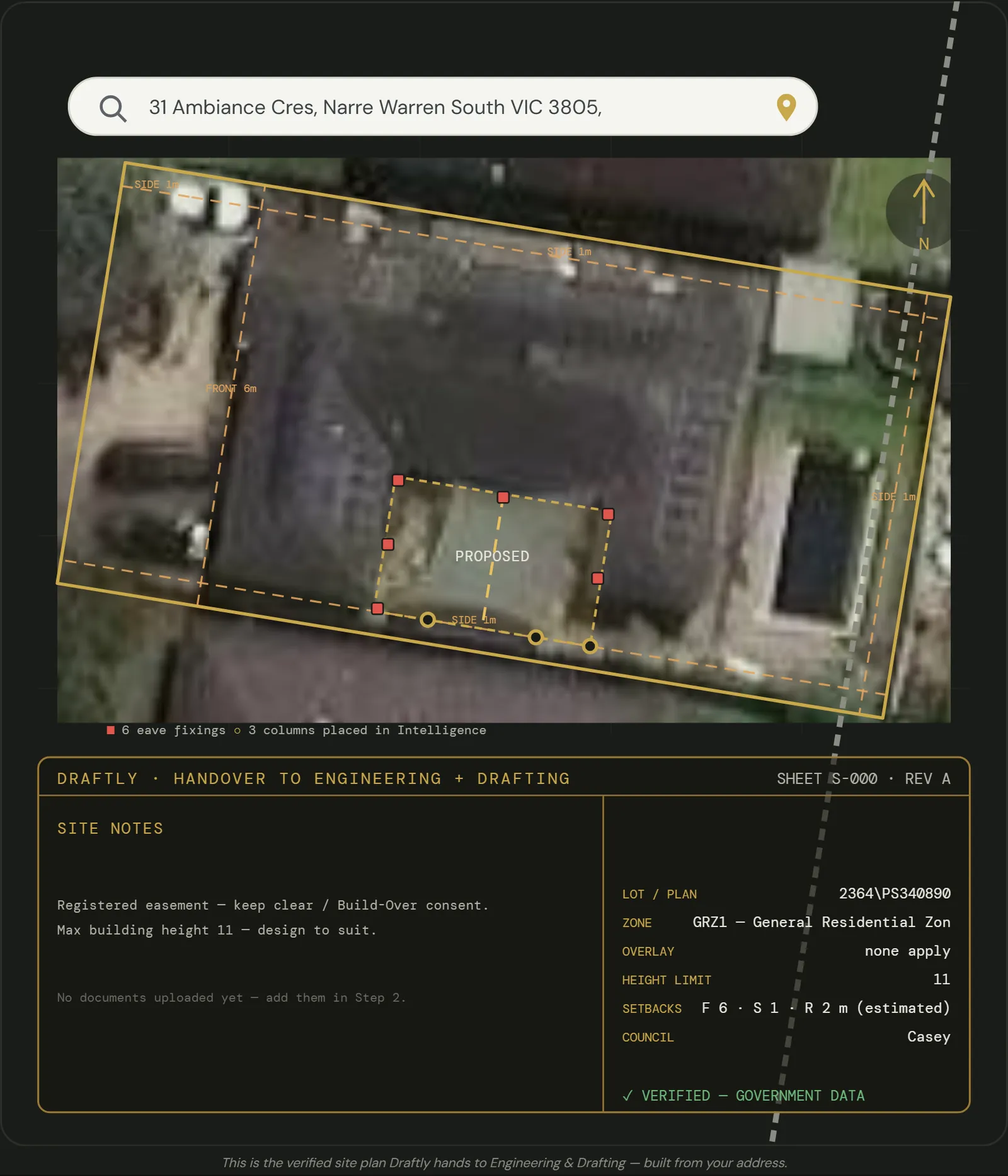 Verified site plan (sheet S-000) for a real job in Narre Warren South, VIC: the real lot boundary drawn over an aerial photo with the proposed structure placed, and site notes — Lot 2364\PS340890, zone GRZ1, no overlays apply, setbacks, City of Casey — marked Verified, government data — plus an 11 m height limit shown as the GRZ zone default, to confirm against the council schedule.