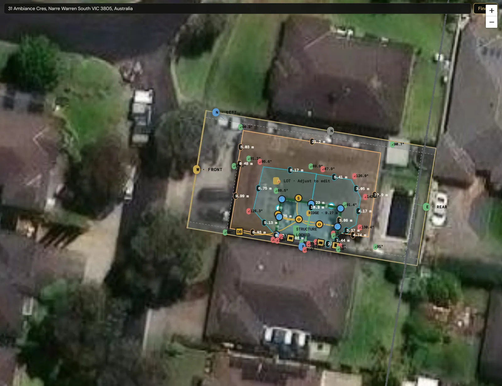 Aerial siting map with the property boundary and the placed structure, edge dimensions in metres, a 9.27 m ridge line, and front/rear edges labelled.